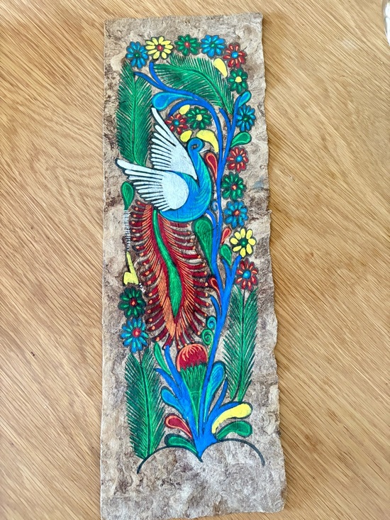 Handmade Other - Hand-Painted Bird & Floral Mexican Bark Art - Bright Blue, Green, Red